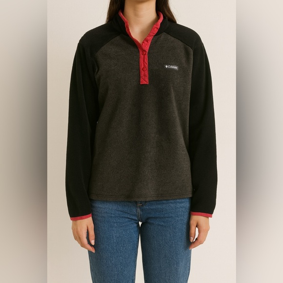 Columbia Fleece Pullover Gray Black Red Snap Front Size XL - Picture 1 of 4